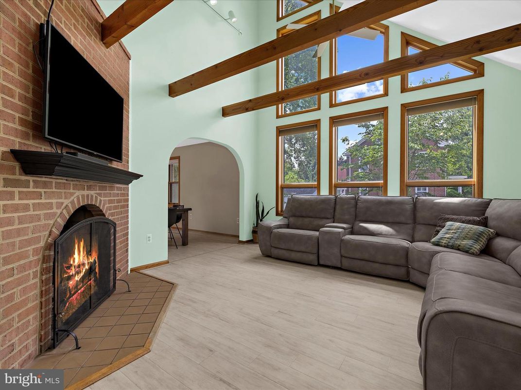 Fireplace, Interior, Living room, Stone Walls, Wooden Beams, Wood Texture Flooring