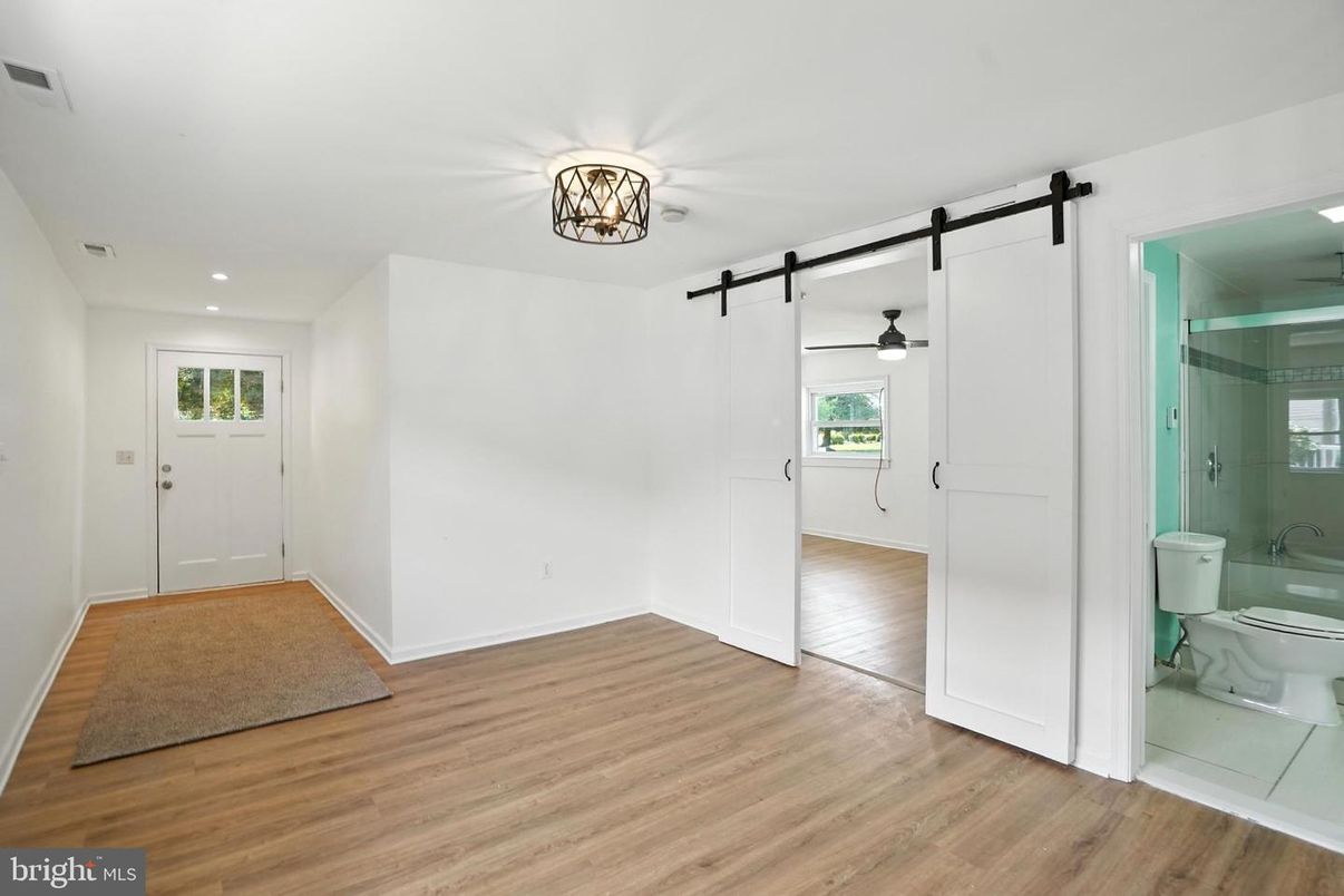 Bathroom, Glass Shower, Interior, Recessed Lighting, Wood Texture Flooring