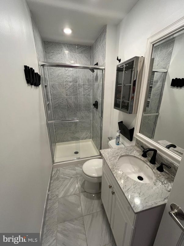 Bathroom, Glass Shower, Interior, Marble, Marble Walls, Recessed Lighting