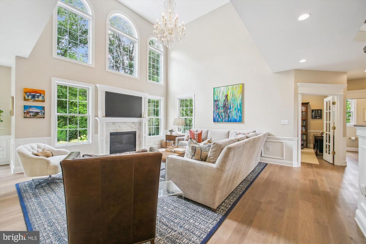 Chandelier, Fireplace, Interior, Living room, Recessed Lighting, Wood Texture Flooring