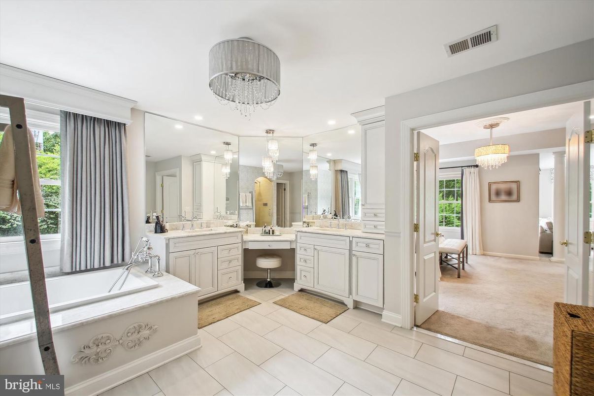 Bathroom, Chandelier, Dual Sink Vanities, Interior, Recessed Lighting