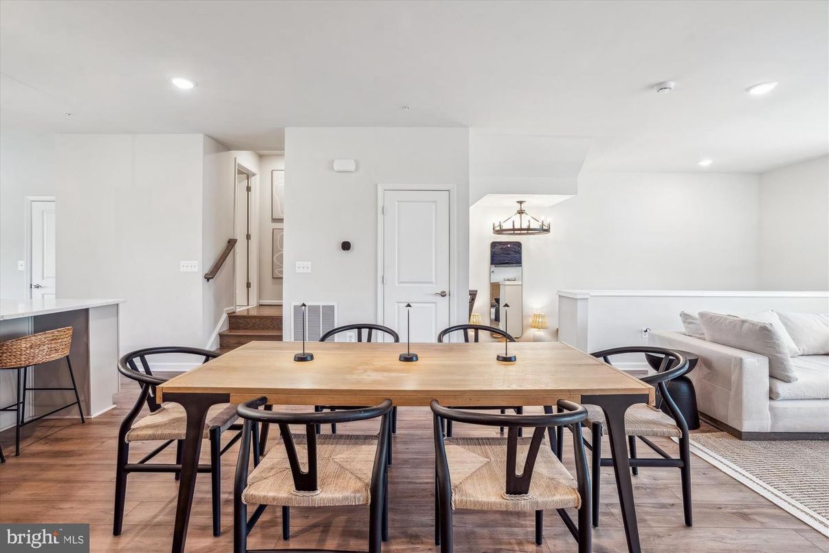 Dining room, Interior, Pendant Lights, Recessed Lighting, Wood Texture Flooring