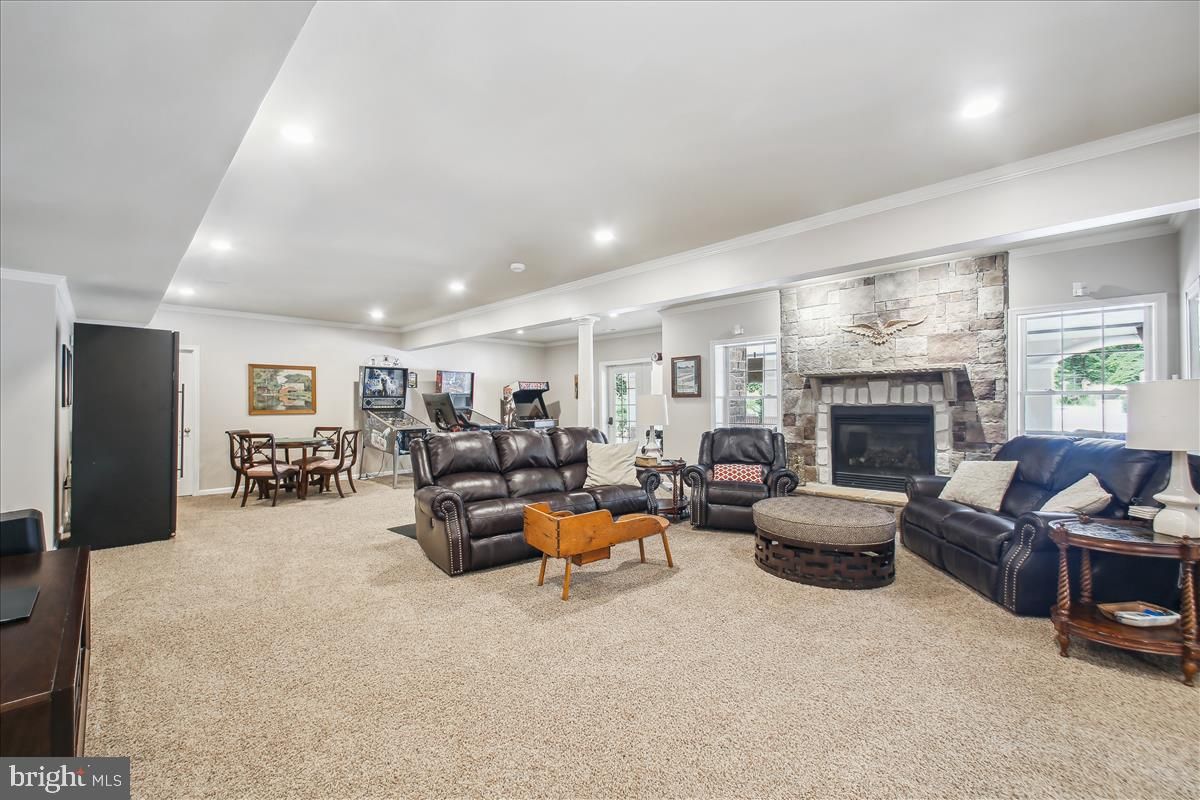 Dining room, Fireplace, Interior, Living room, Recessed Lighting, Stone Walls