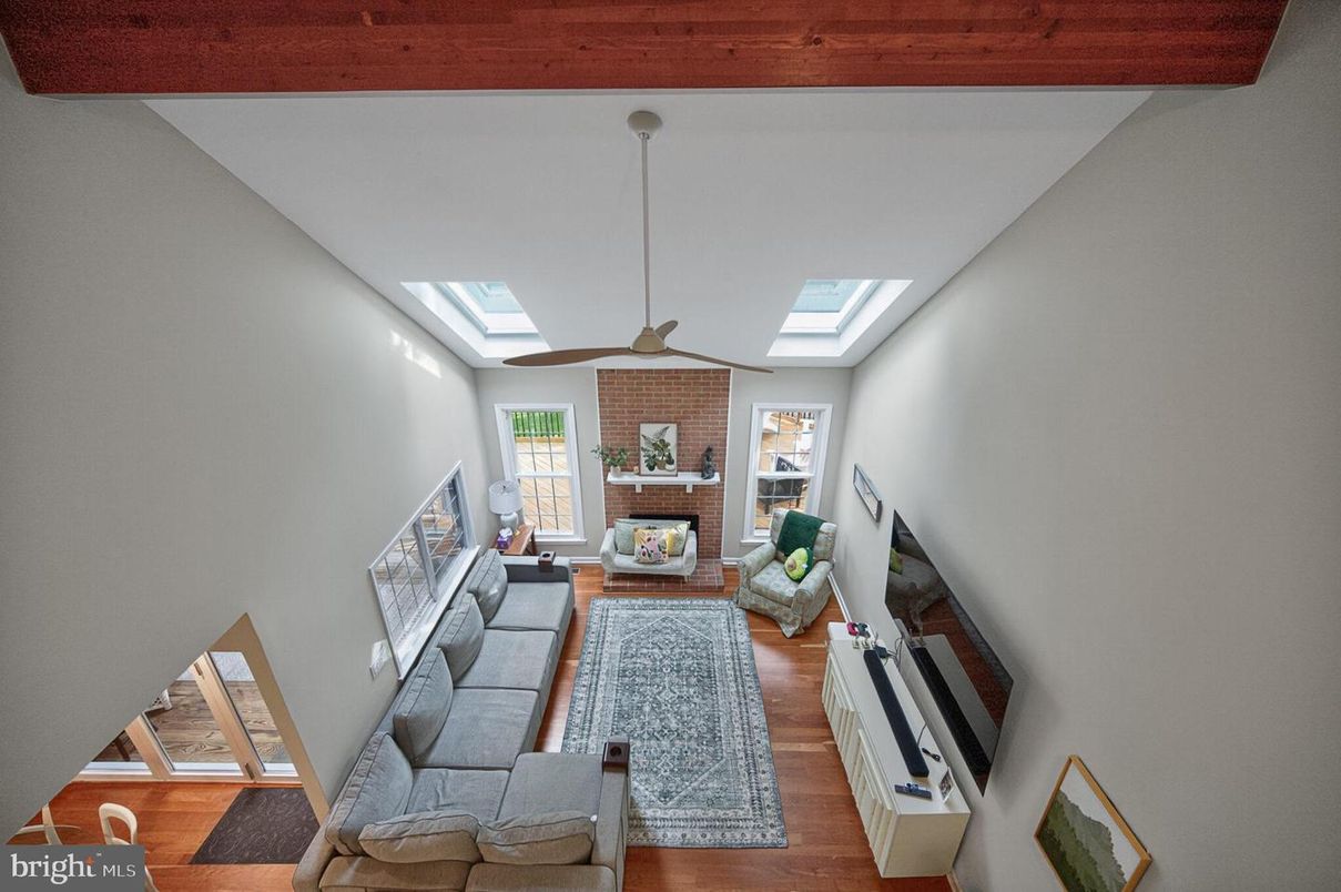 Fireplace, Interior, Living room, Pendant Lights, Stone Walls, Wood Texture Flooring