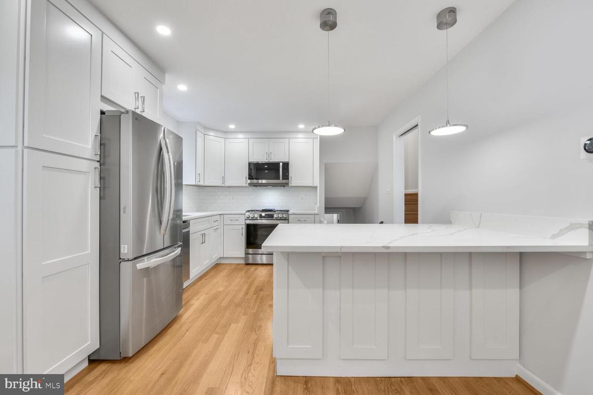 Interior, Kitchen, Pendant Lights, Recessed Lighting, Stainless Steel Appliances, Wood Texture Flooring