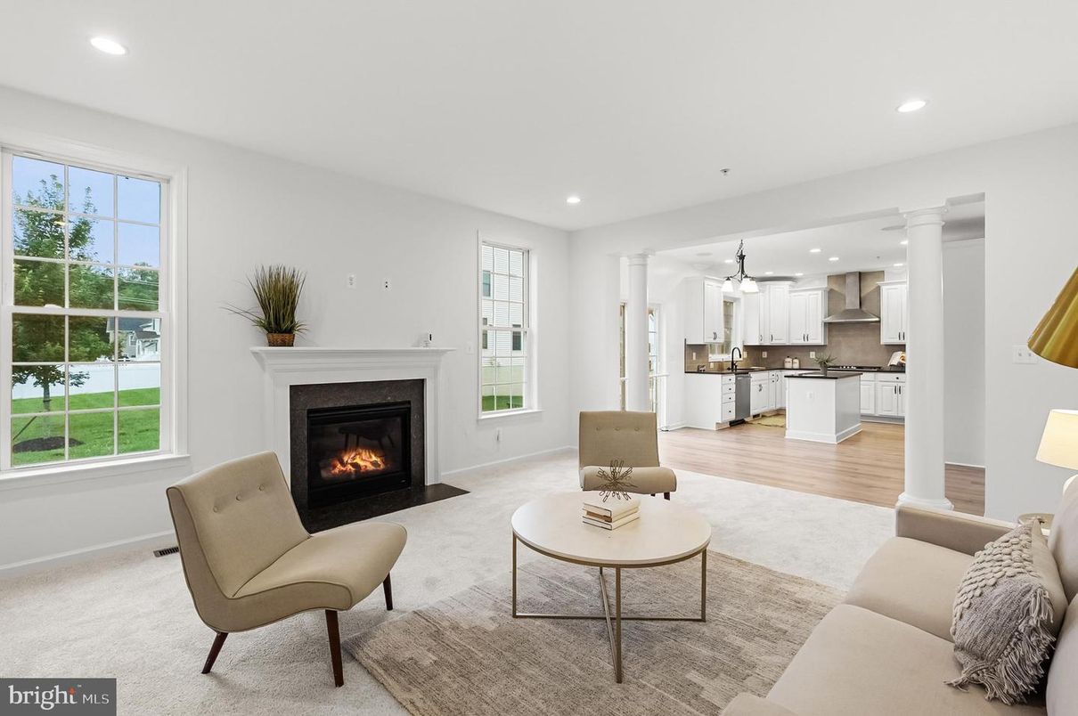 Fireplace, Interior, Kitchen, Living room, Pendant Lights, Recessed Lighting, Wood Texture Flooring