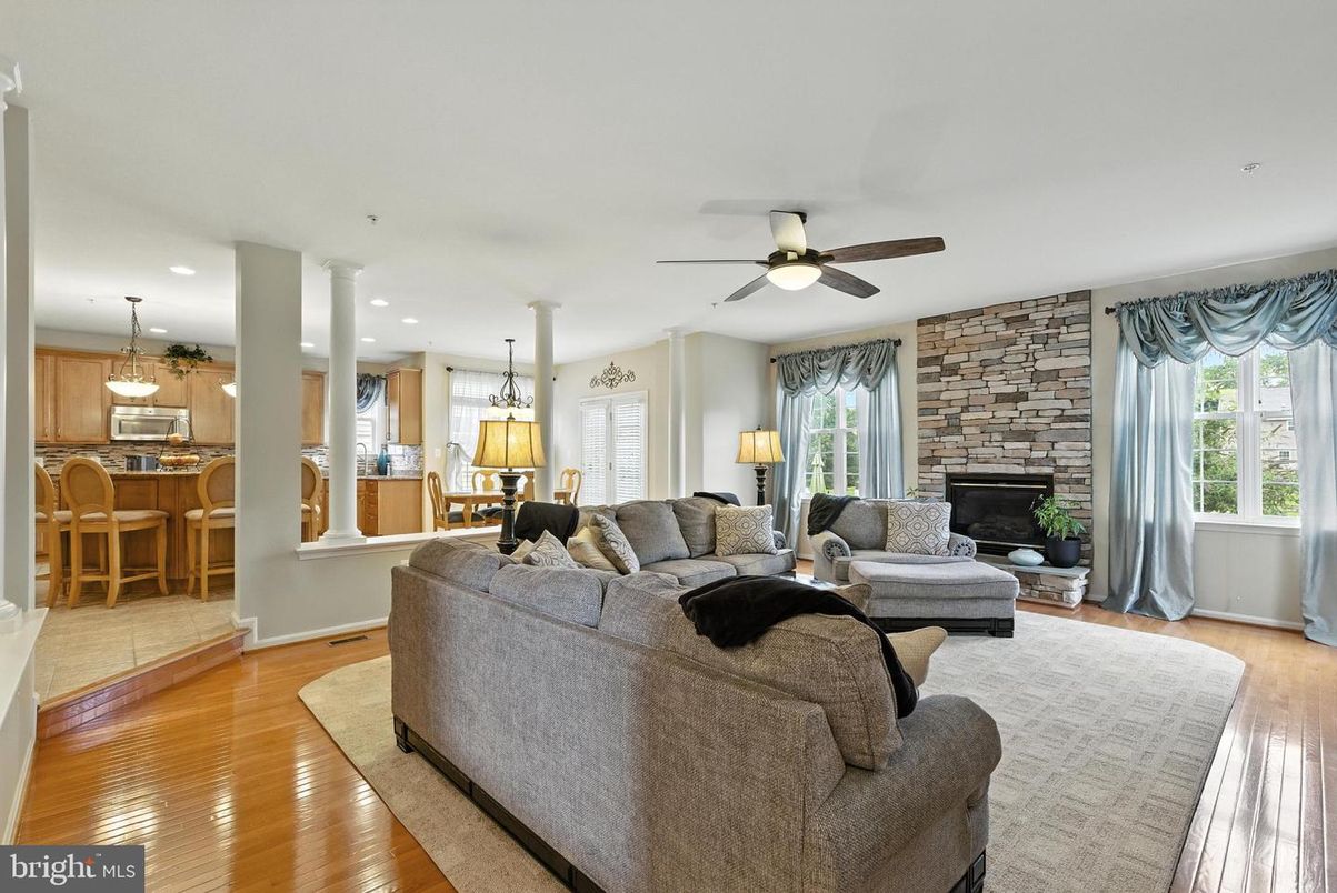 Fireplace, Interior, Kitchen, Living room, Pendant Lights, Recessed Lighting, Stone Walls, Wood Texture Flooring