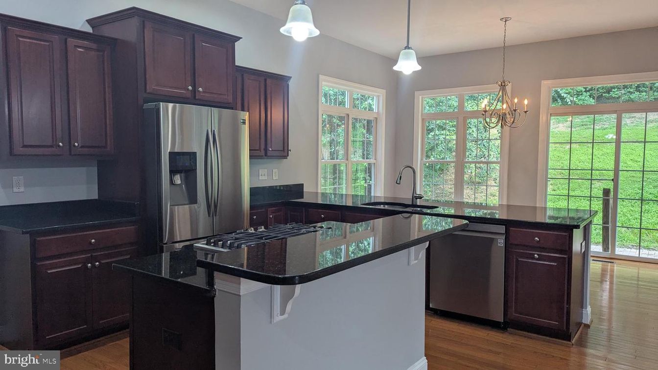 Chandelier, Interior, Kitchen, Pendant Lights, Stainless Steel Appliances, Wood Texture Flooring