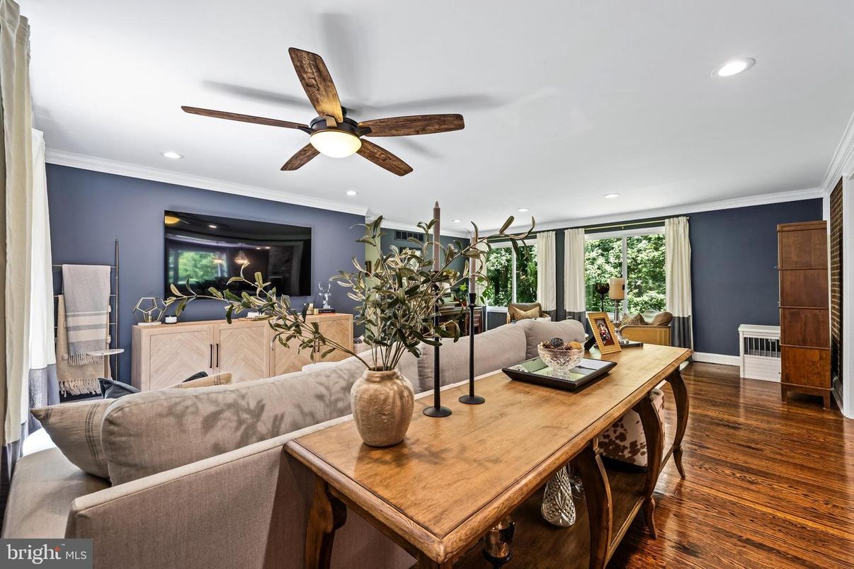 Dining room, Fireplace, Interior, Living room, Recessed Lighting, Wood Texture Flooring