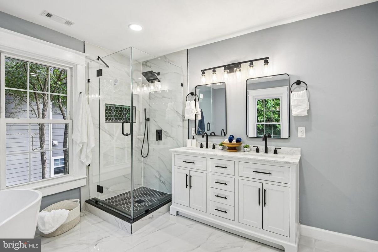 Bathroom, Dual Sink Vanities, Glass Shower, Interior, Marble, Marble Walls, Recessed Lighting