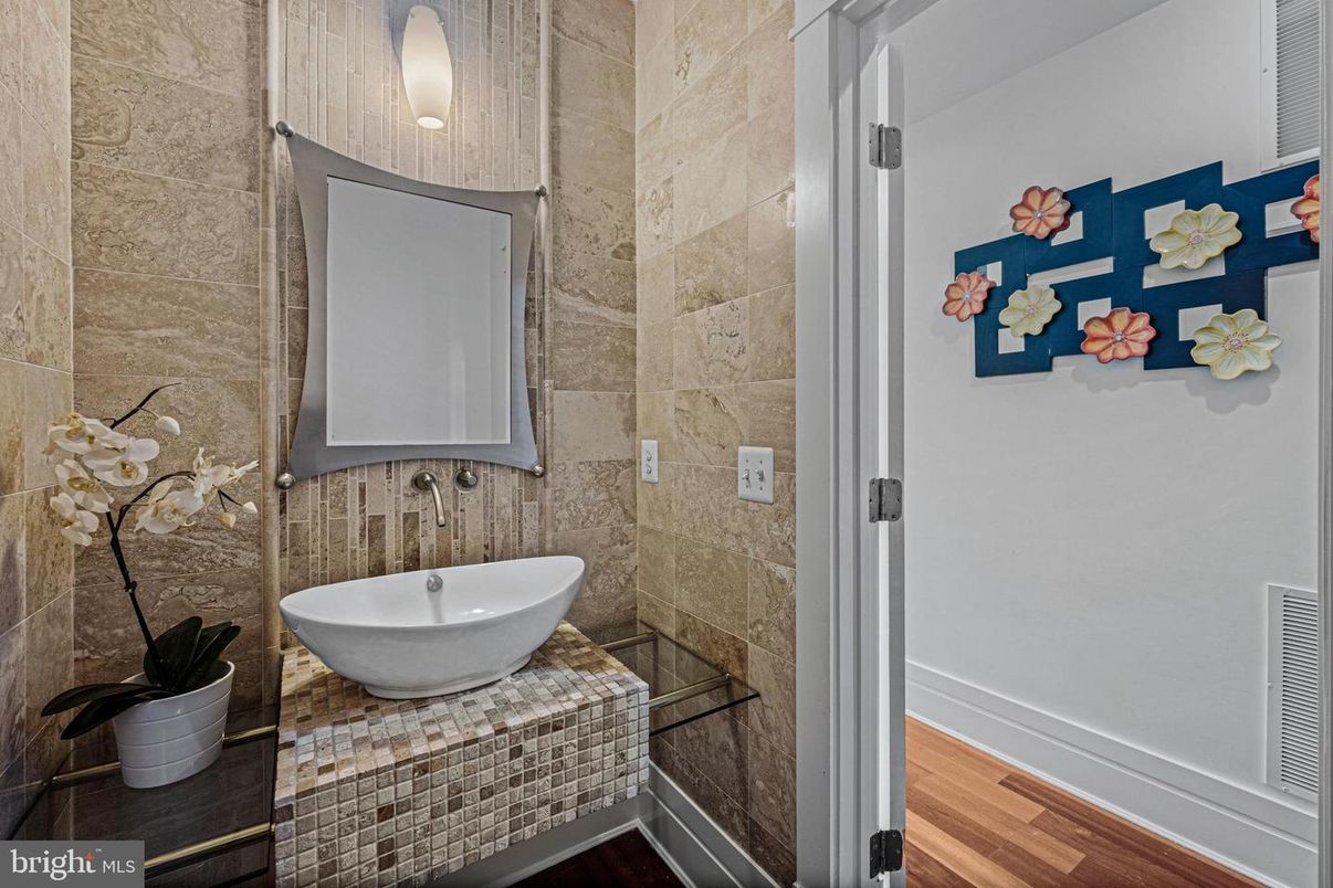 Bathroom, Interior, Stone Walls, Wood Texture Flooring