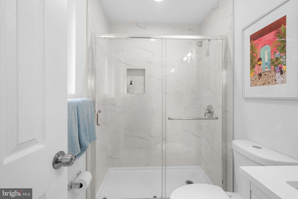 Bathroom, Glass Shower, Interior, Marble Walls, Recessed Lighting