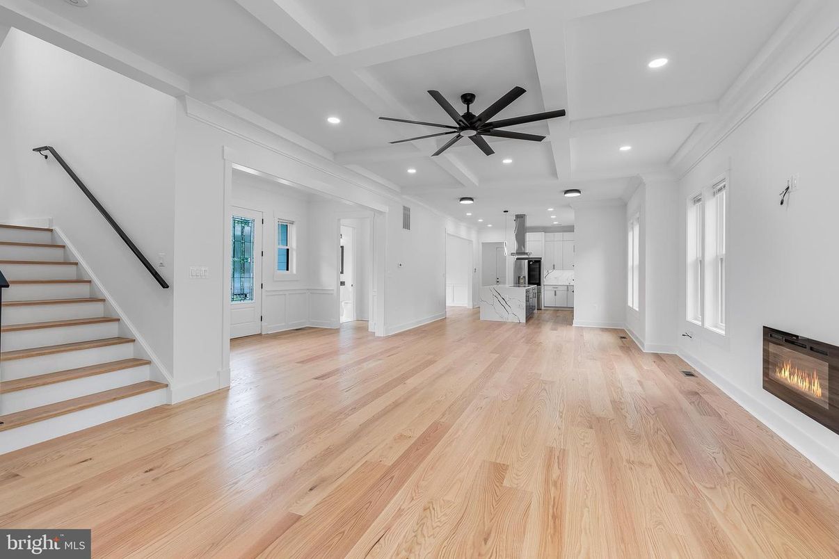 Empty room, Fireplace, Interior, Kitchen, Pendant Lights, Recessed Lighting, Wood Texture Flooring