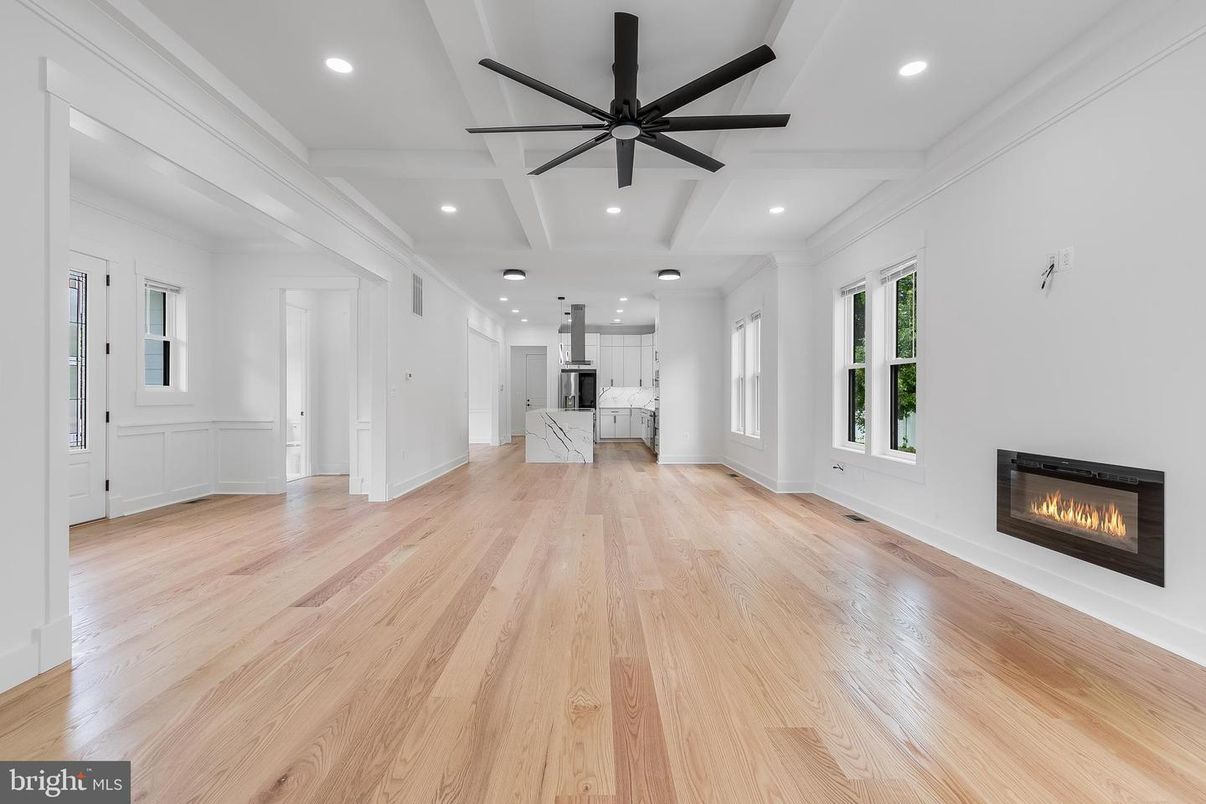 Empty room, Fireplace, Interior, Kitchen, Recessed Lighting, Wood Texture Flooring