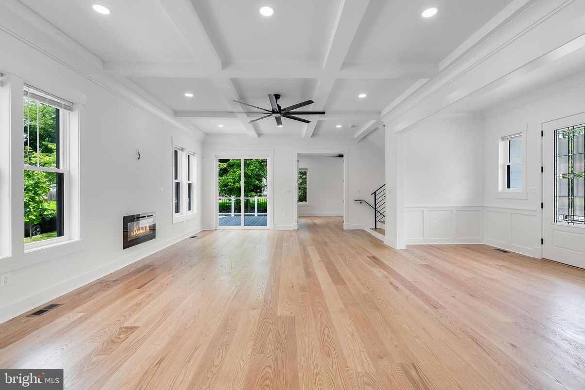 Empty room, Fireplace, Interior, Recessed Lighting, Wood Texture Flooring