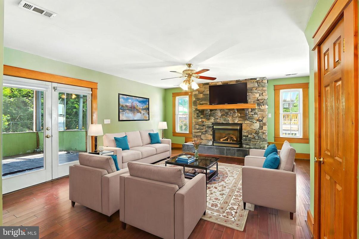 Fireplace, Interior, Living room, Stone Walls, Wood Texture Flooring