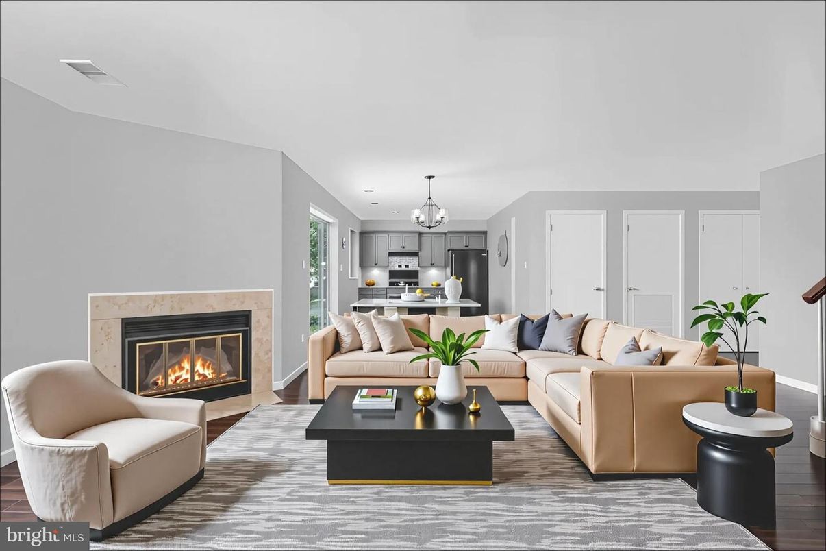 Chandelier, Fireplace, Interior, Kitchen, Living room, Wood Texture Flooring