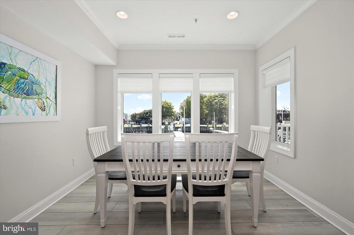 Dining room, Interior, Recessed Lighting, Wood Texture Flooring