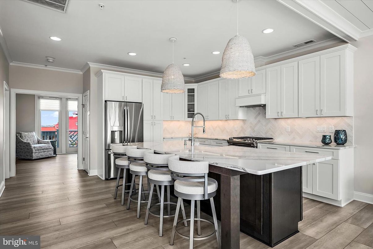 Interior, Kitchen, Pendant Lights, Recessed Lighting, Stainless Steel Appliances, Wood Texture Flooring
