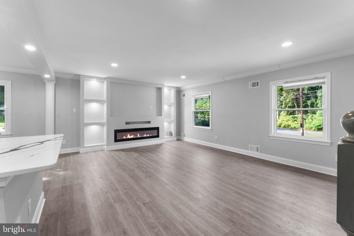 Empty room, Fireplace, Interior, Recessed Lighting, Wood Texture Flooring