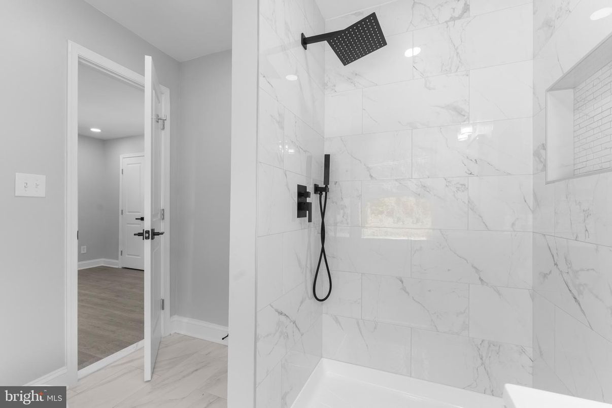 Bathroom, Interior, Marble, Marble Walls, Recessed Lighting, Wood Texture Flooring