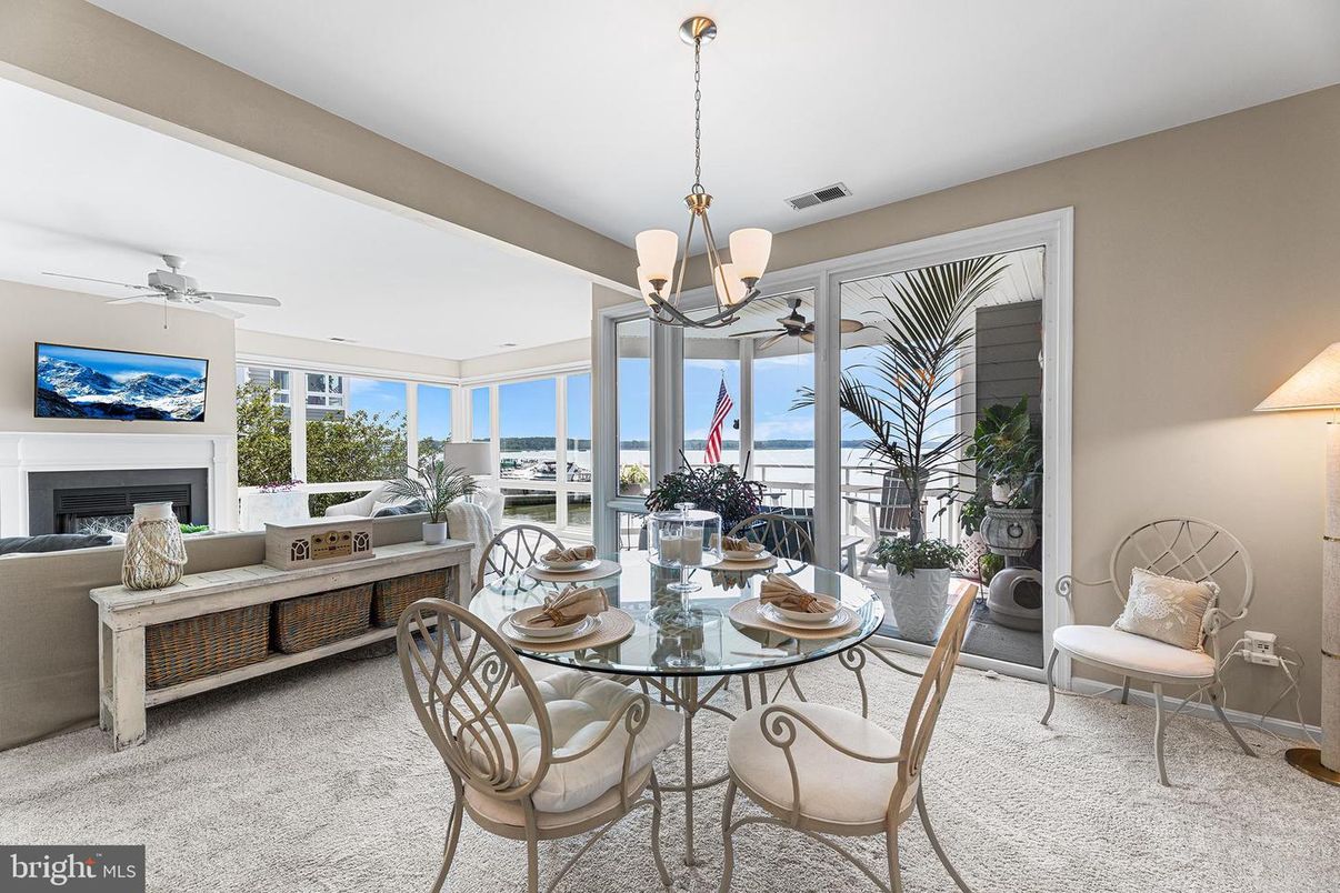 Dining room, Fireplace, Interior, Living room, Pendant Lights, Water
