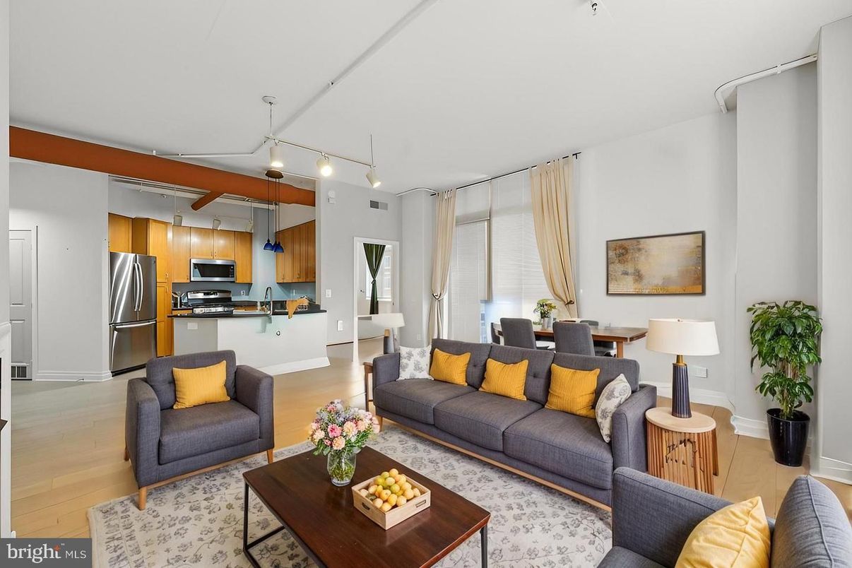Dining room, Interior, Kitchen, Living room, Pendant Lights, Stainless Steel Appliances, Wood Texture Flooring