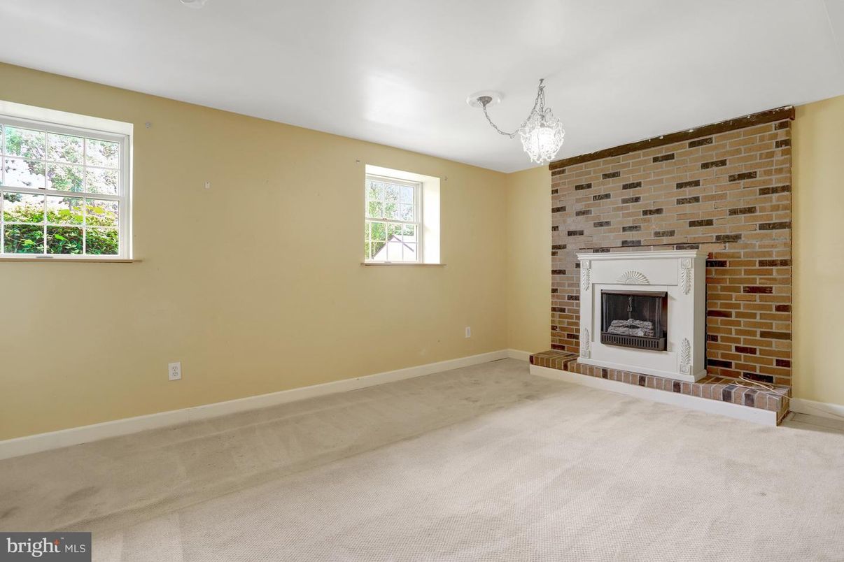 Chandelier, Empty room, Fireplace, Interior, Stone Walls