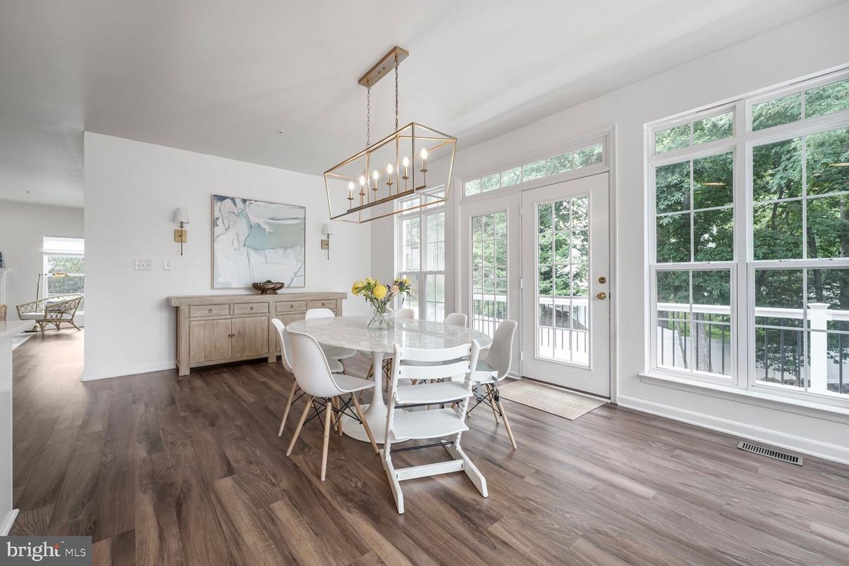 Dining room, Interior, Pendant Lights, Wood Texture Flooring