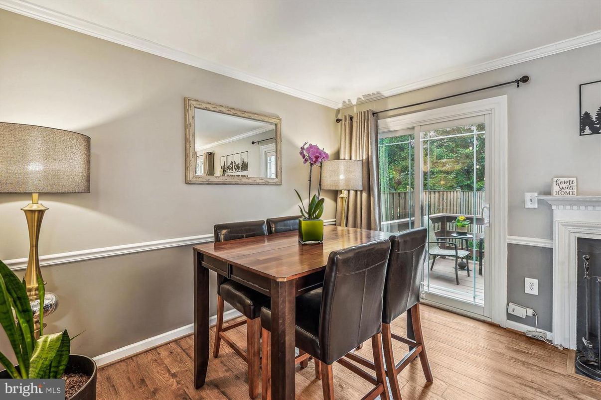 Dining room, Fireplace, Interior, Wood Texture Flooring