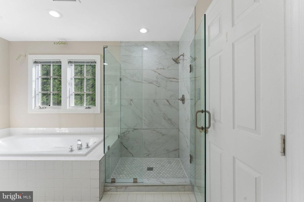 Bathroom, Glass Shower, Interior, Marble Walls, Recessed Lighting