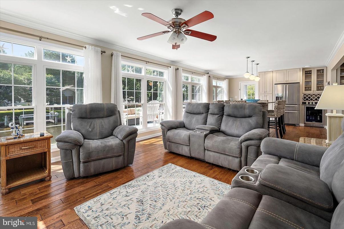 Home Theatre Room, Interior, Kitchen, Living room, Pendant Lights, Stainless Steel Appliances, Wood Texture Flooring