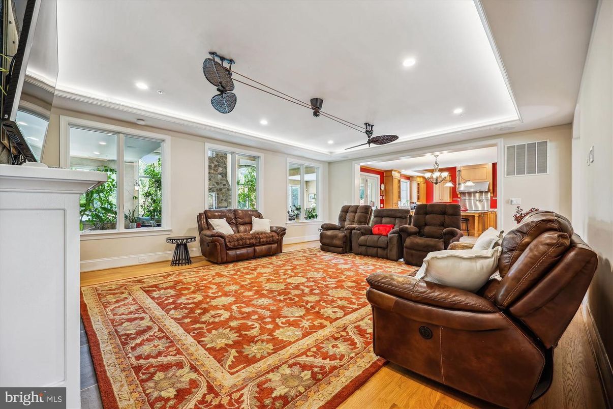 Chandelier, Fireplace, Interior, Living room, Recessed Lighting, Wood Texture Flooring