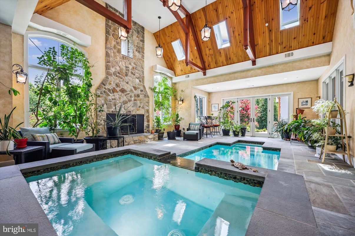 Fireplace, Interior, Living room, Pendant Lights, Pool, Stone Walls, Wooden Beams