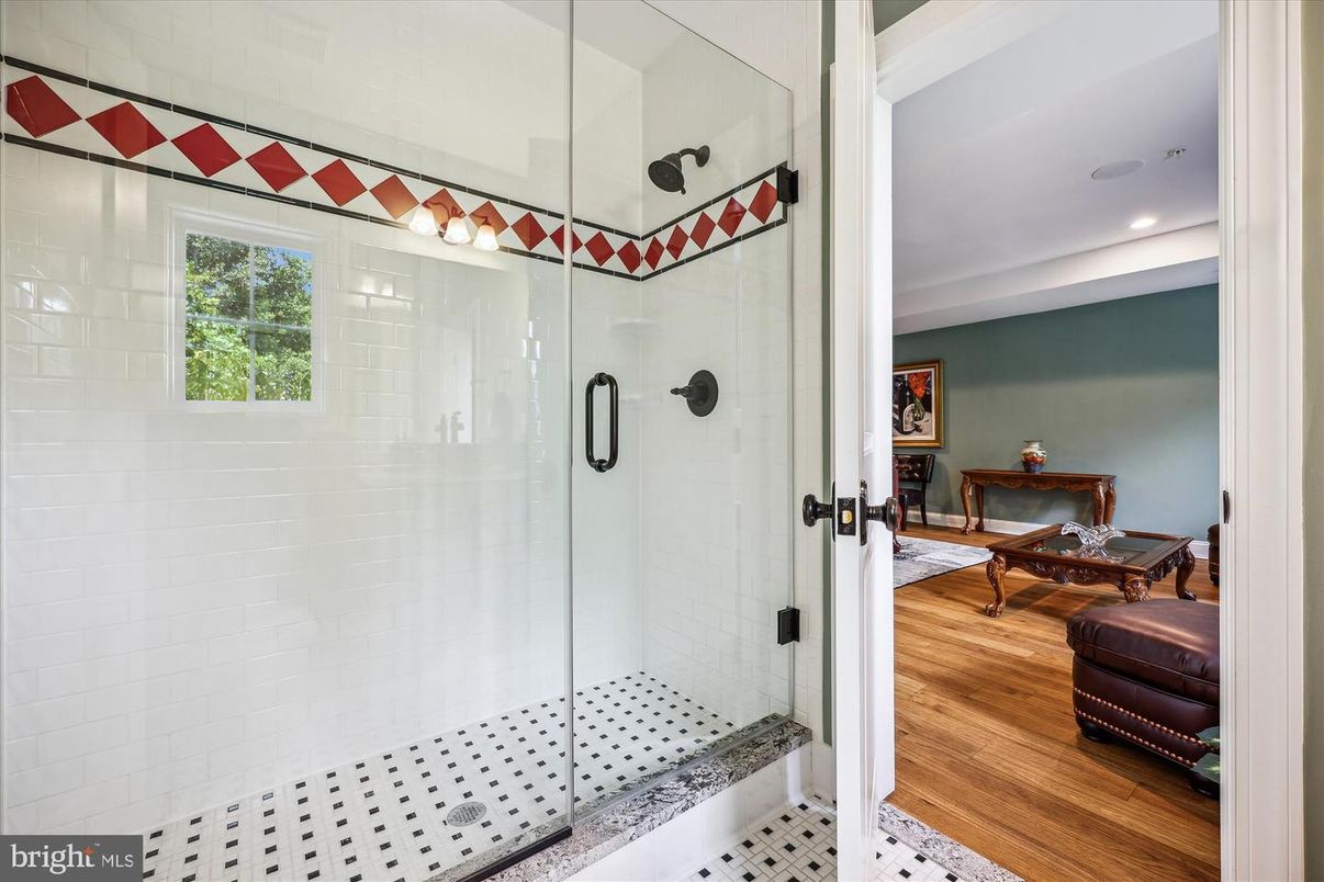 Bathroom, Glass Shower, Interior, Recessed Lighting, Wood Texture Flooring