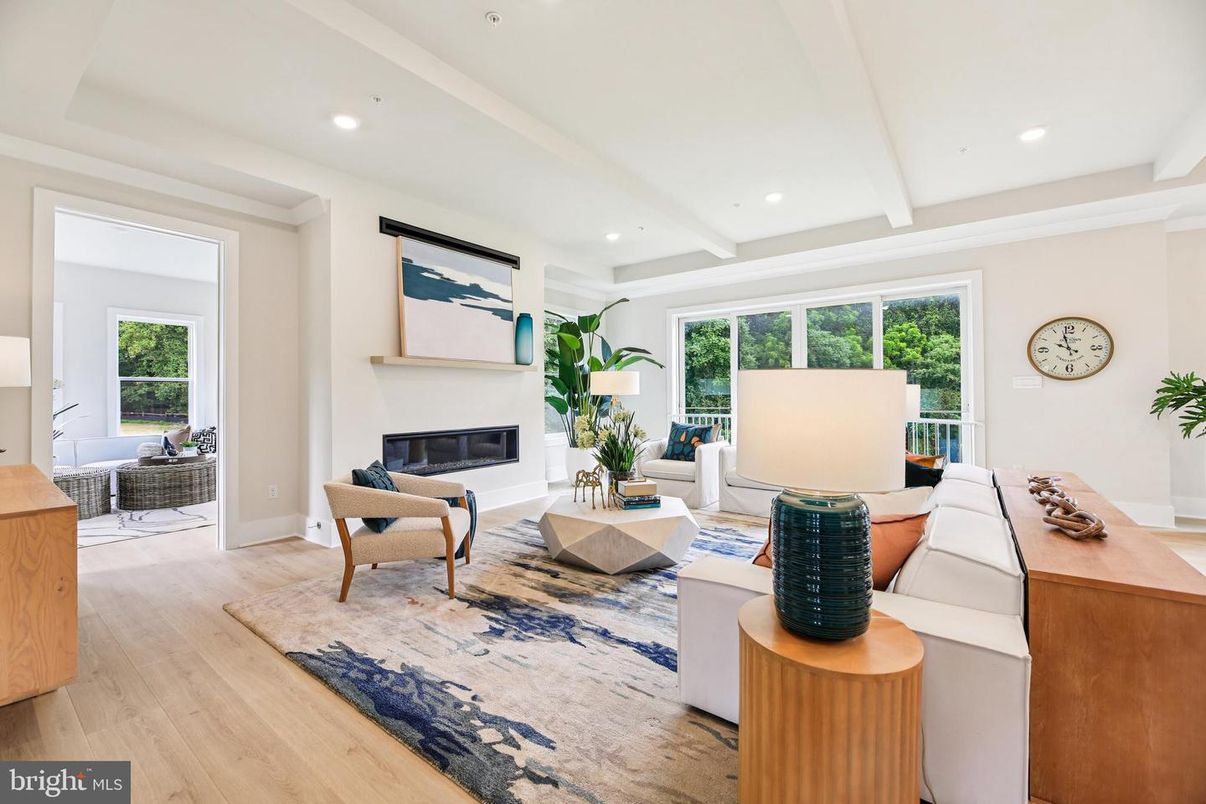 Fireplace, Interior, Living room, Recessed Lighting, Wood Texture Flooring
