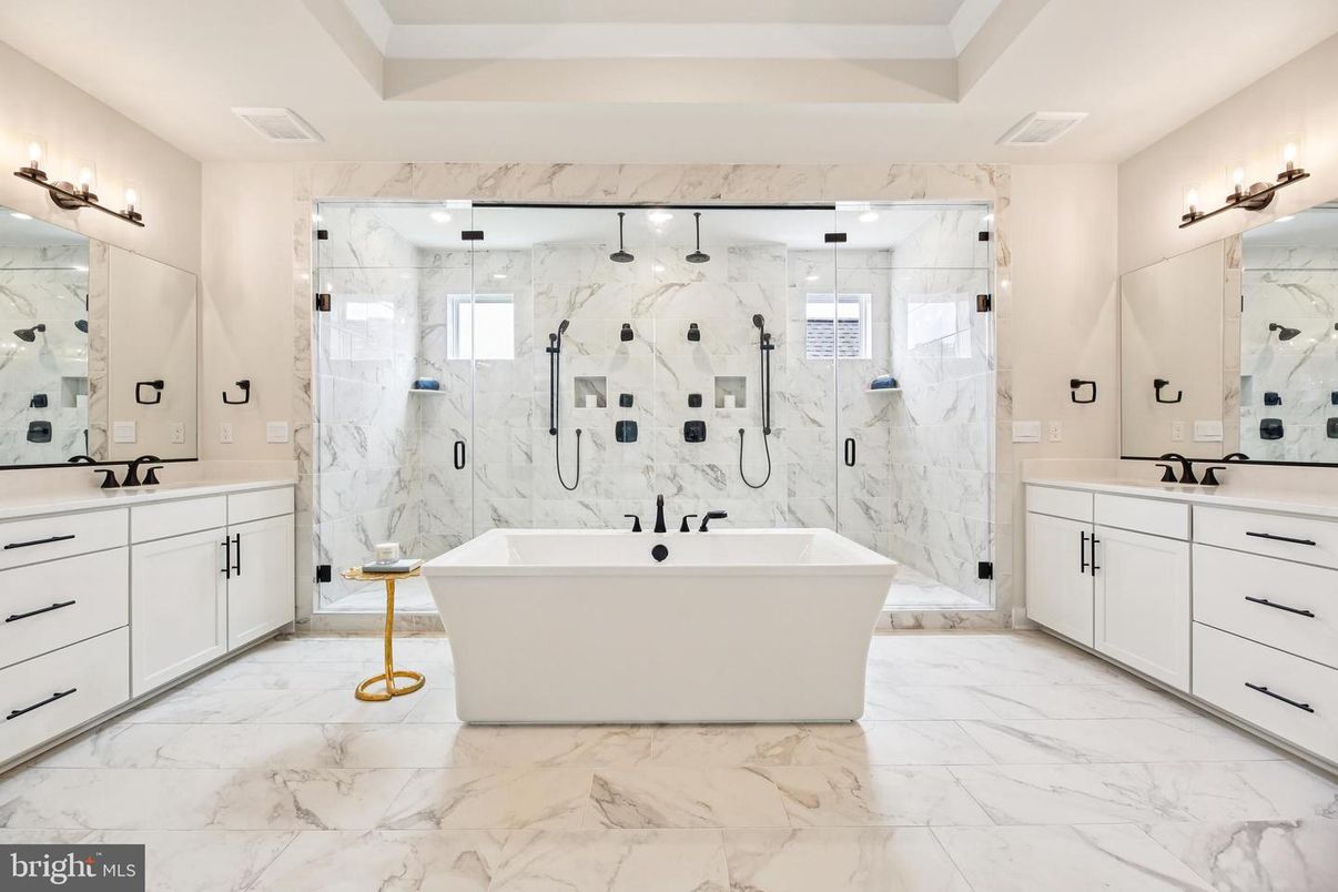 Bathroom, Dual Sink Vanities, Free Standing Baths, Glass Shower, Interior, Marble, Marble Walls, Recessed Lighting