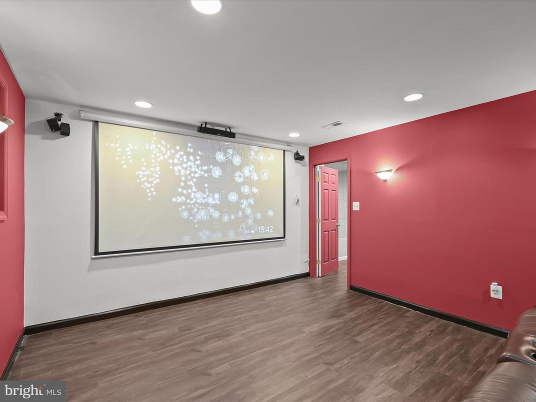 Empty room, Interior, Projection Screen, Recessed Lighting, Wood Texture Flooring
