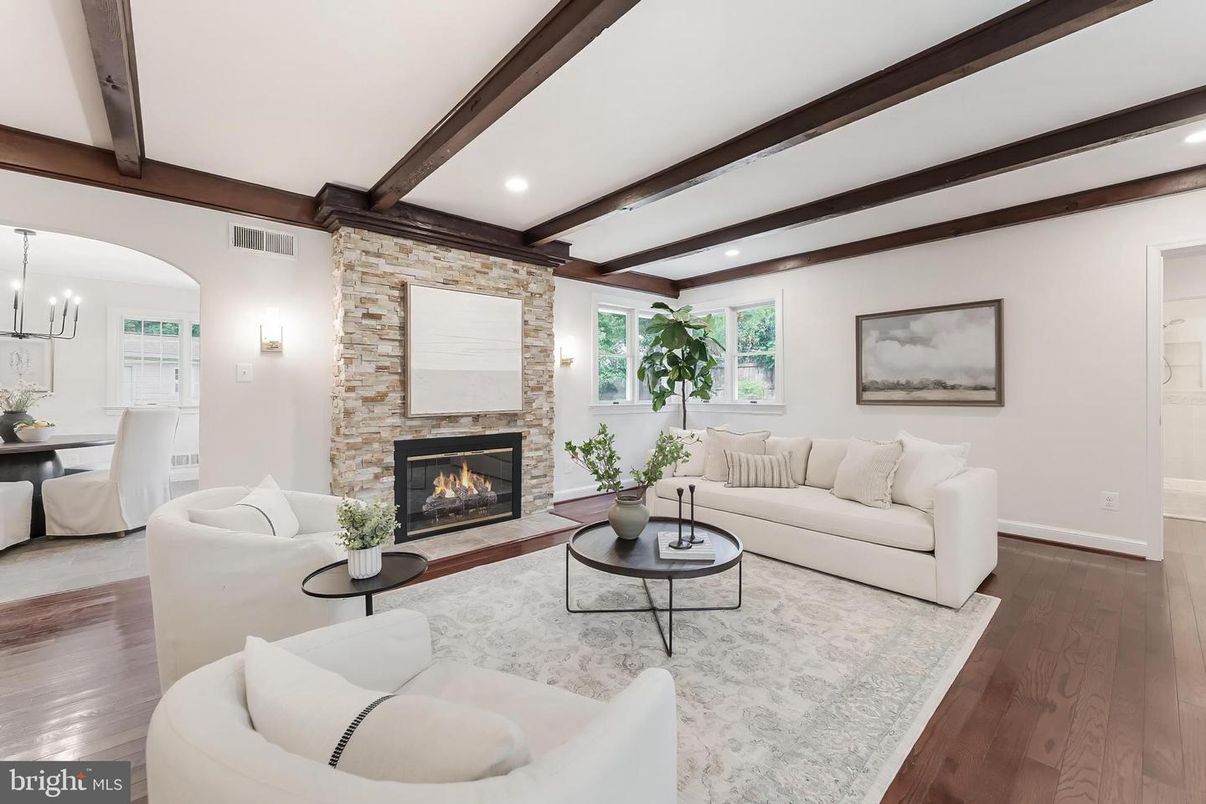 Dining room, Fireplace, Interior, Living room, Pendant Lights, Recessed Lighting, Stone Walls, Wooden Beams, Wood Texture Flooring