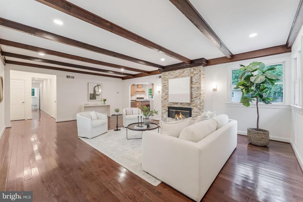 Fireplace, Interior, Living room, Recessed Lighting, Stone Walls, Wooden Beams, Wood Texture Flooring
