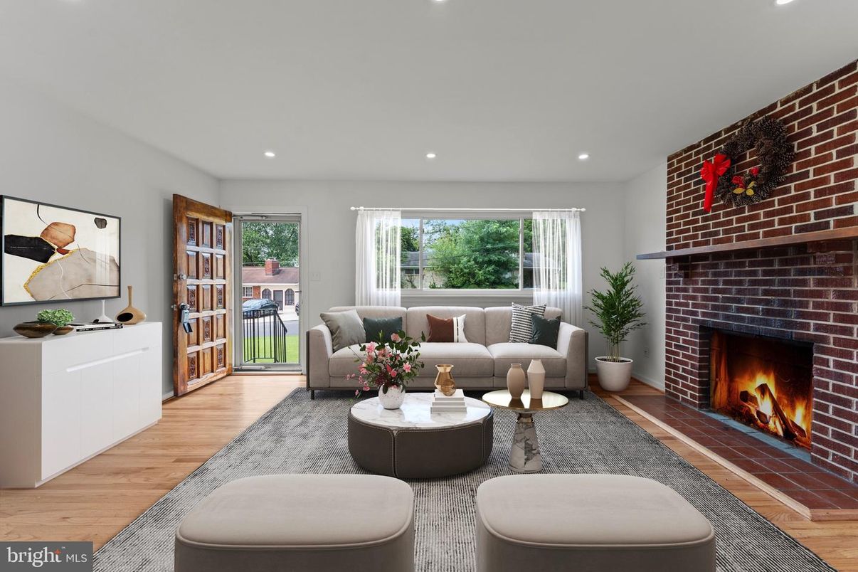 Fireplace, Interior, Living room, Recessed Lighting, Stone Walls, Wood Texture Flooring