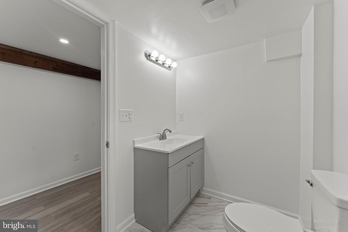 Bathroom, Interior, Marble, Recessed Lighting, Wood Texture Flooring