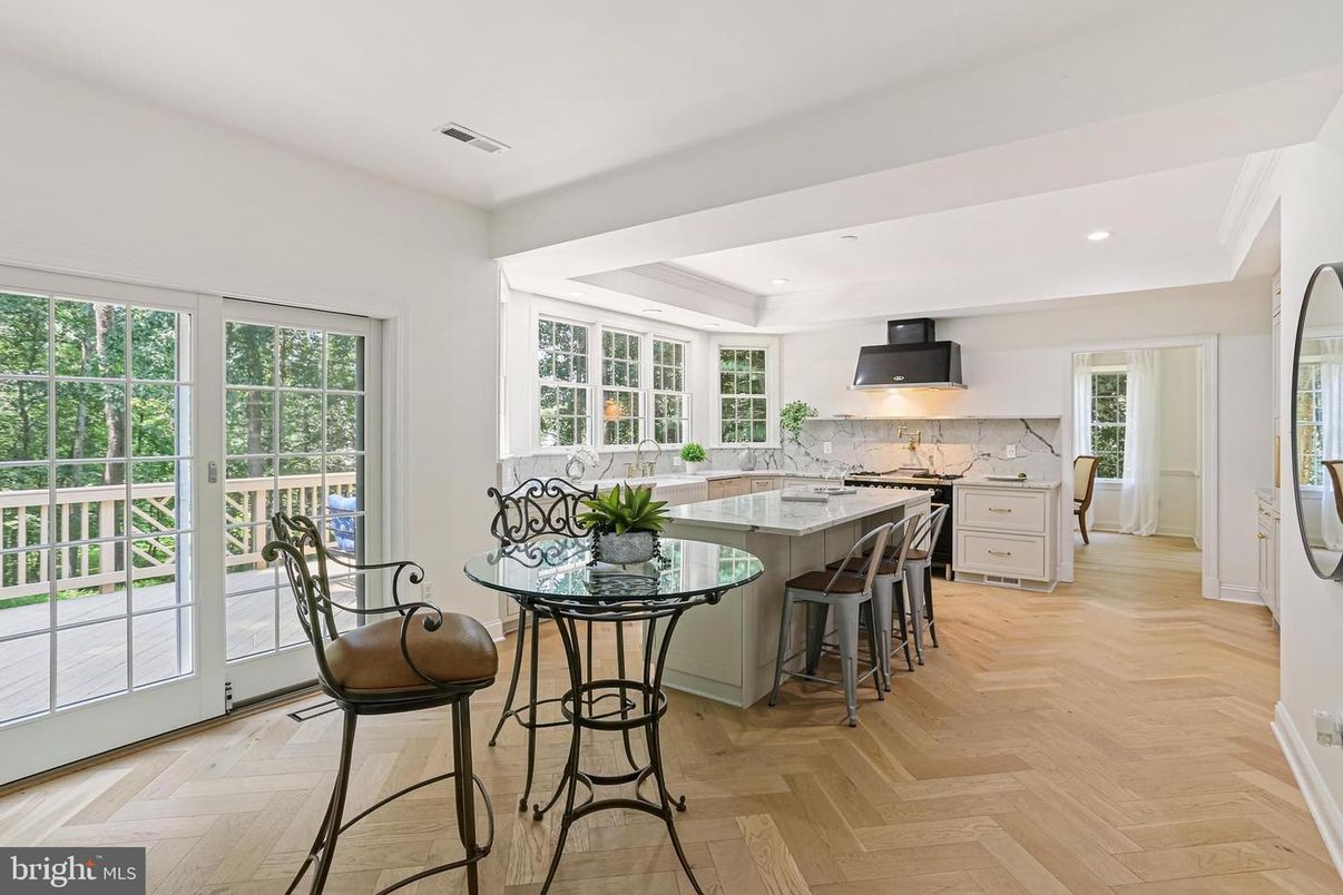 Interior, Kitchen, Marble Walls, Recessed Lighting, Wood Texture Flooring