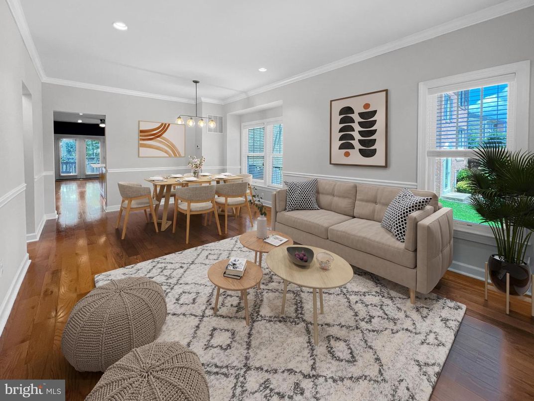 Dining room, Interior, Living room, Pendant Lights, Recessed Lighting, Wood Texture Flooring