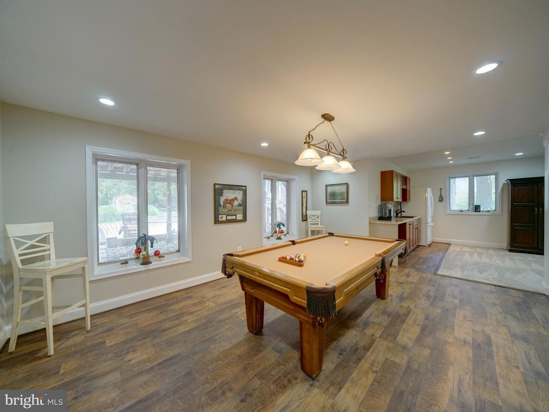 Billiard Table, Game Room, Interior, Pendant Lights, Recessed Lighting, Wood Texture Flooring