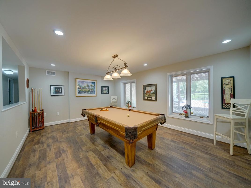 Billiard Table, Game Room, Interior, Pendant Lights, Recessed Lighting, Wood Texture Flooring