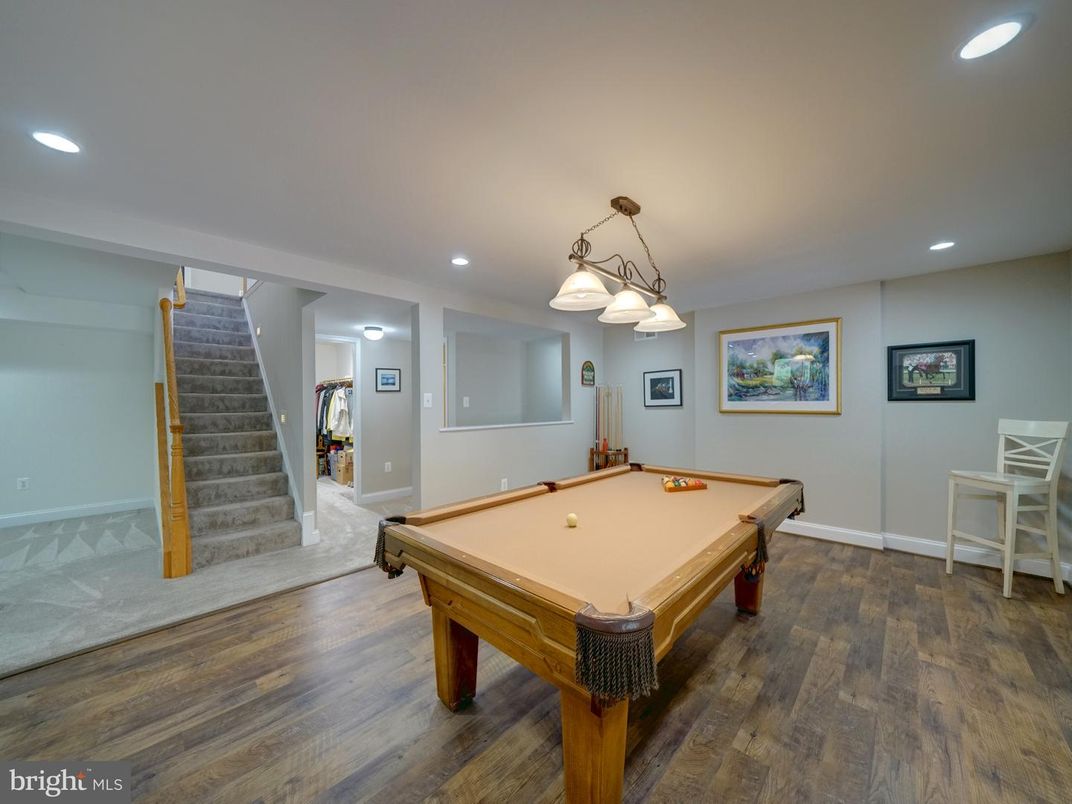 Billiard Table, Game Room, Interior, Pendant Lights, Recessed Lighting, Wood Texture Flooring
