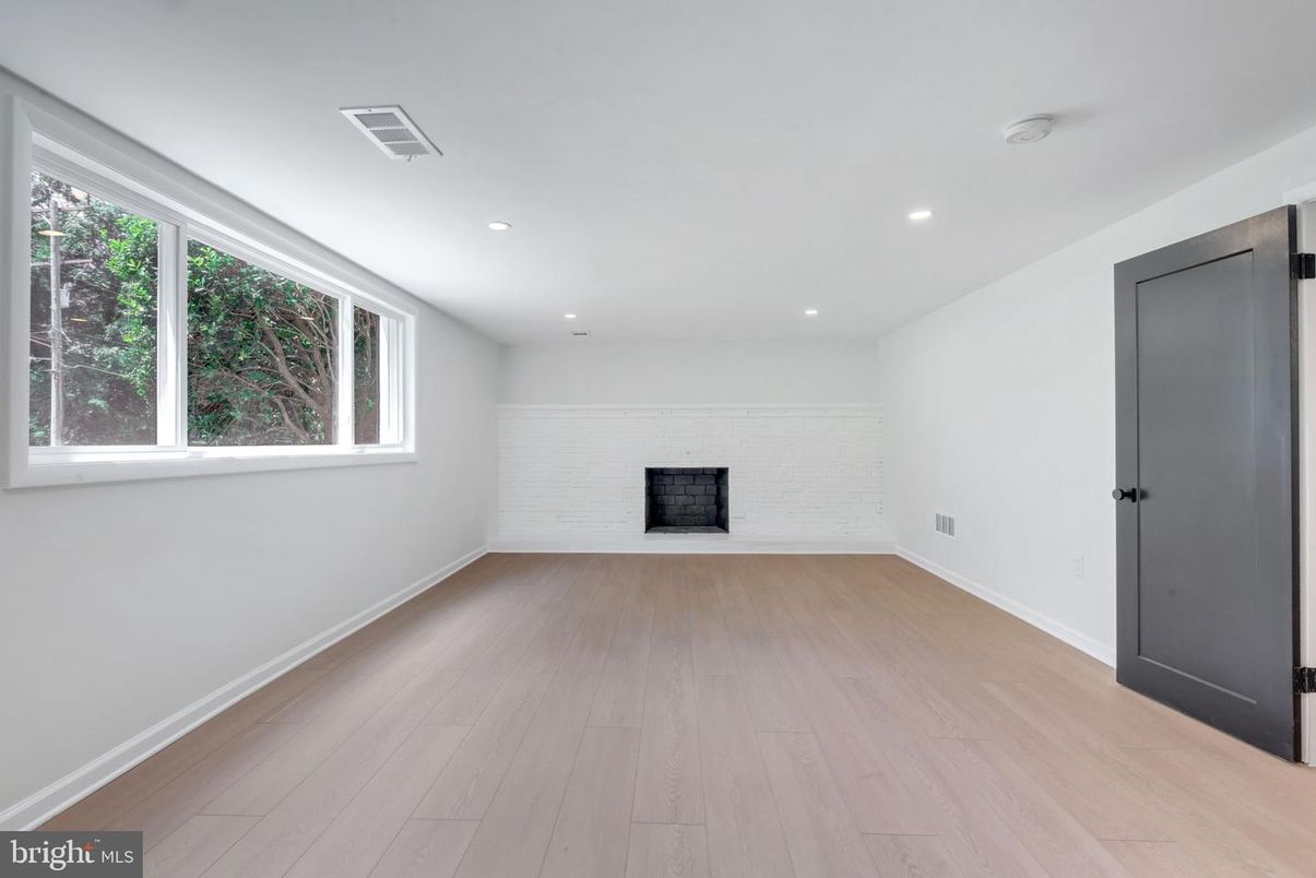 Empty room, Fireplace, Interior, Recessed Lighting, Wood Texture Flooring