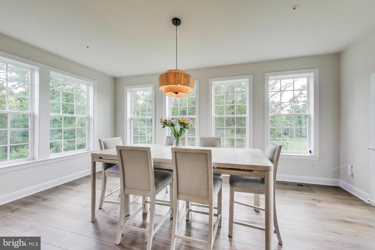 Dining room, Interior, Pendant Lights, Wood Texture Flooring