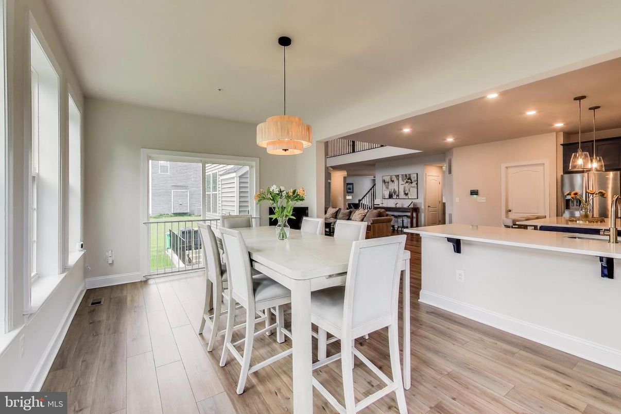 Dining room, Interior, Pendant Lights, Recessed Lighting, Wood Texture Flooring